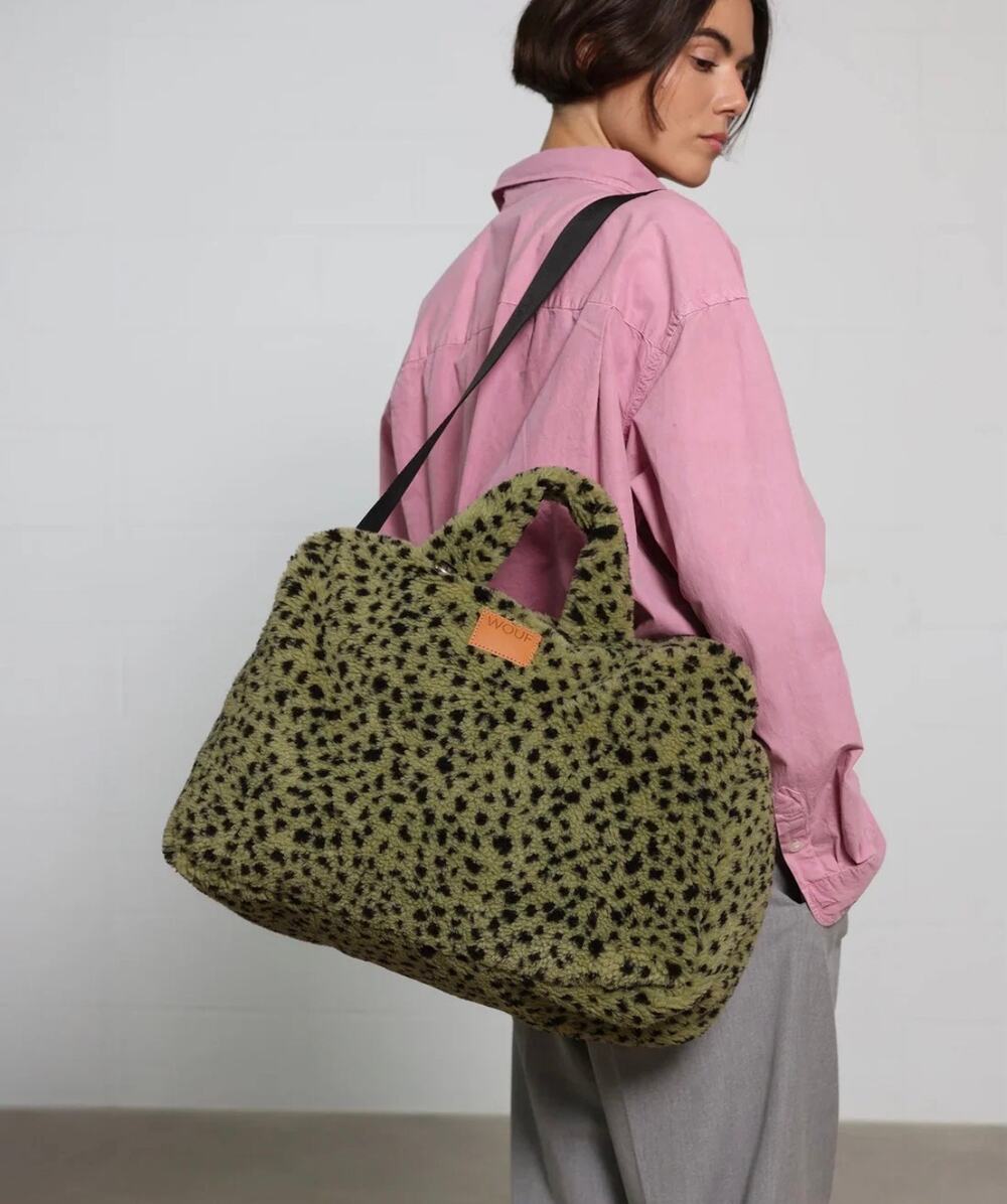 WOUF Olivia Weekender Bag Olive Green Leopard Teddy Fleece Travel Duffel Tote